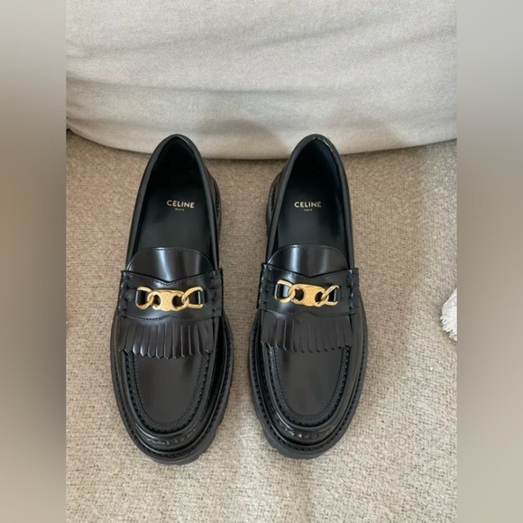 Celine Shoes - Celine Glossy Black Loafers with Gold Detail